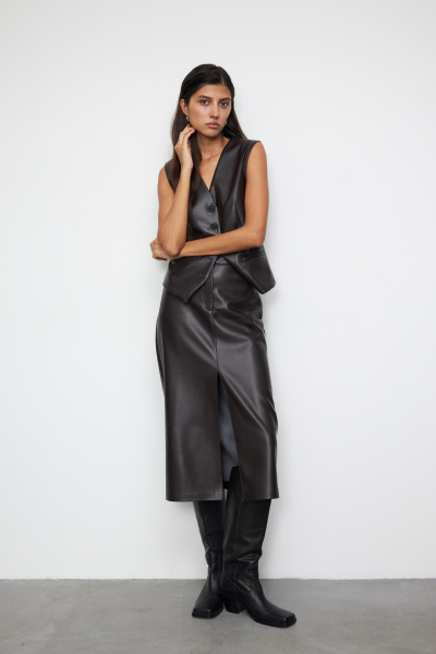 Юбка миди из экокожи (M, темно-коричневый) 2796