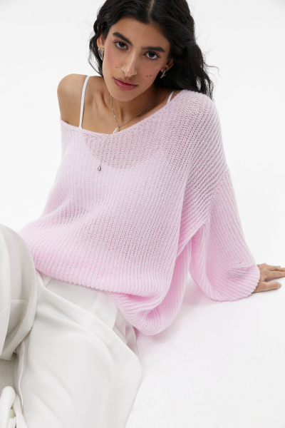 Джемпер с V-образным вырезом ажурной вязки (one size, барби)