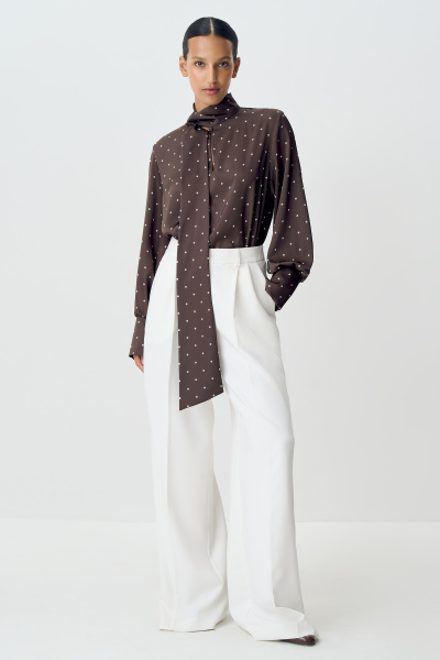 Блузка с бантом из сатина в горох (шоколадный) (XS)