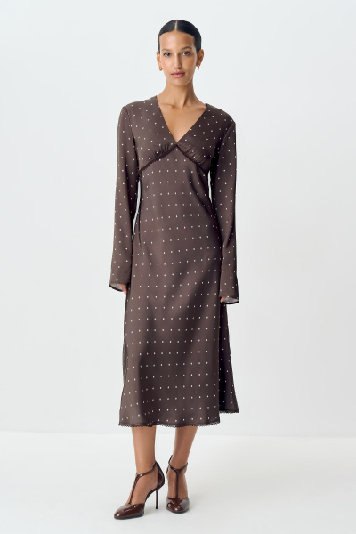 Платье с кружевом из сатина в горох (шоколадный) (M) 