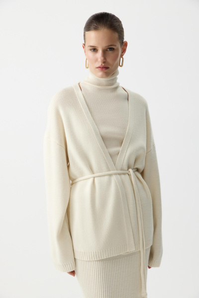Кардиган из шерсти с поясом (Молочный) (M/L) 