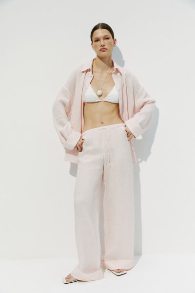 Брюки с манжетами изо льна (L, светло-розовый) 2556