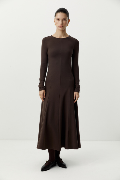 Платье с рельефными швами с длинным рукавом (темно-коричневый) (S) 