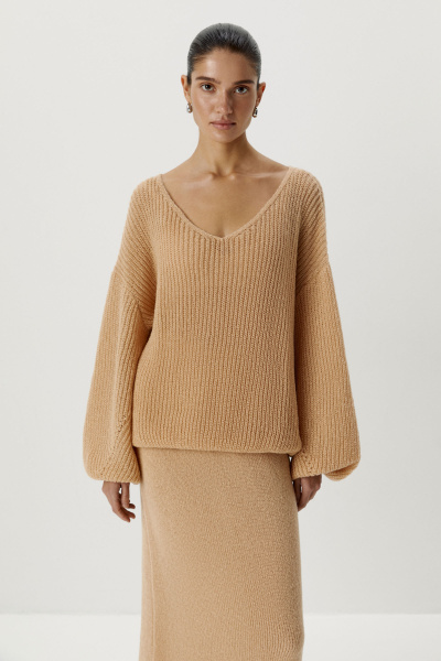 Джемпер с V-образным вырезом ажурной вязки (one size, бежевый)