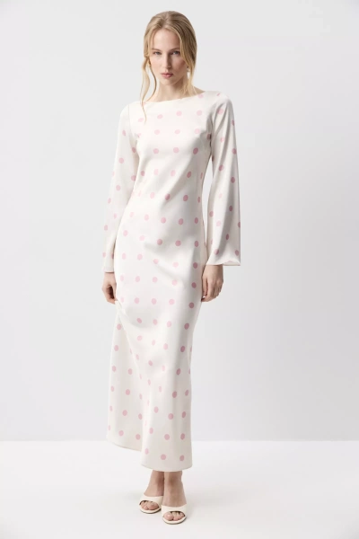 Платье из сатина с расклешенными рукавами (Розовый горох на молочном) (M) 