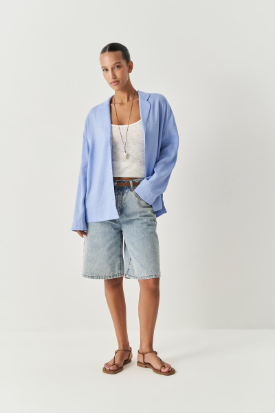 Рубашка изо льна с круглыми лацканами (голубой) (XS/S)