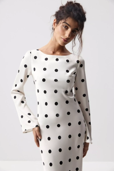 Платье из сатина с расклешенными рукавами (Черный горох на молочном) (S) 