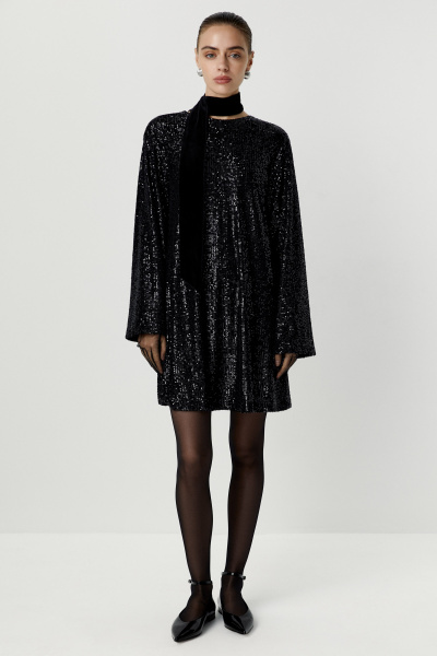 Платье мини из ткани с пайетками с бантом (черный) (XS/S)