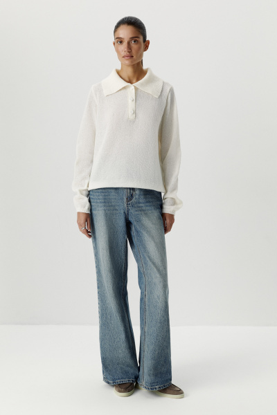 Поло ажурной вязки с длинным рукавом (молочный) (M/L)