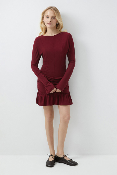 Платье мини со сборками (бордовый) (M) 