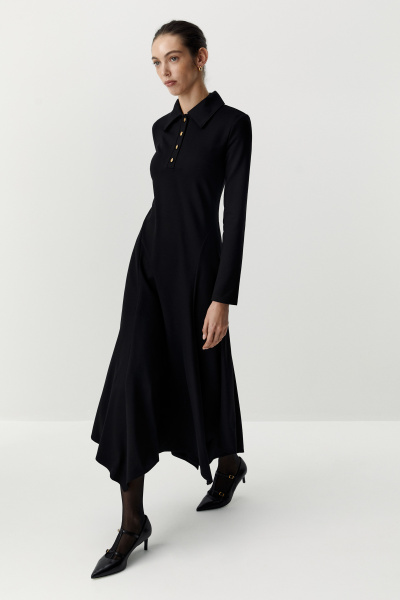 Платье макси с клиньями и воротником поло (черный) (XS)