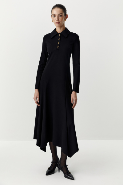 Платье макси с клиньями и воротником поло (черный) (XS)